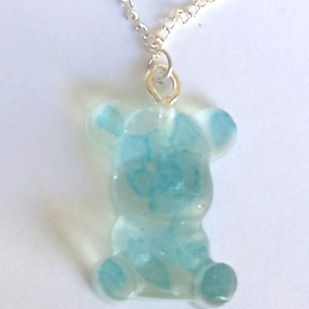 Gummy Bear Necklace Clear with Blue Pastel accent Hand Crafted